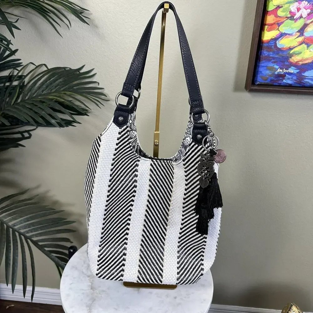 sakroots Large Hobo convertable Creme Black Brown Snaps Owl charm Tassels logo